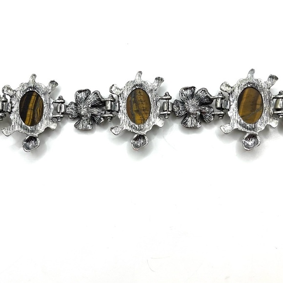 Turtle Silvertone Oval Tigers Eye Cabochon Sea Turtle Floral link Bracelet - Picture 6 of 13